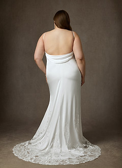 Azazie Eliora At-home Try On Dresses Diamond White Fit and Flare Stretch Satin Dress image10