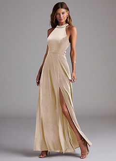Azazie Clarice Bridesmaid Dresses Champagne A-Line Side Slit Velvet Dress image3