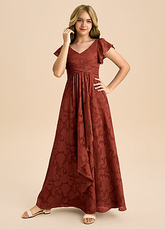 Azazie Omari Junior Abito A-Line in Burnout Floreale Plissettato Terracotta image5