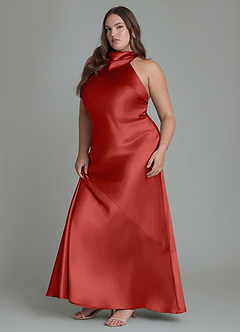 Azazie Velli Robes de demoiselle d'honneur Robe Fourreau en Satiné métallisé Col haut Rouille image12