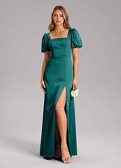 Azazie Fyona Bridesmaid Dresses Peacock A-Line Pleated Stretch Satin Dress image9