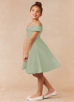 Azazie Shirin Blumenmädchenkleider A-Linie Schulterfrei Matte Satin Kleid Staubiger Salbeigrün image2