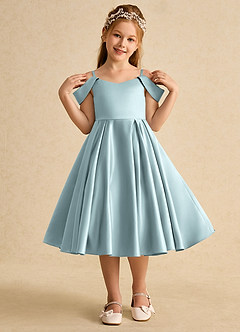 Azazie Favia Flower Girl Dresses Mist A-Line Off the Shoulder Matte Satin Dress image4