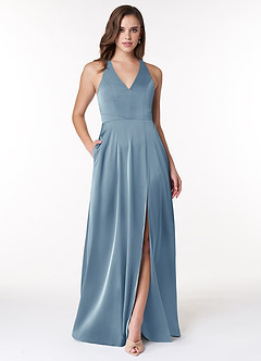 Azazie Ceria Final Sale Matcha A-Line V-Neck Stretch Satin Dress image1