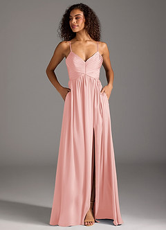 Azazie Alia Bridesmaid Dresses Powder Pink A-Line Pleated Stretch Satin Dress image5