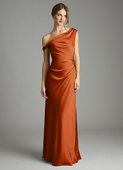Azazie Emerson Bridesmaid Dresses Burnt Orange Mermaid Off the Shoulder Stretch Satin Dress image3