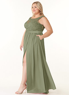 Azazie Elly Robes de demoiselle d'honneur Robe Trapèze en Mousseline de soie Encolure dégagée en dentelle Pistache image8