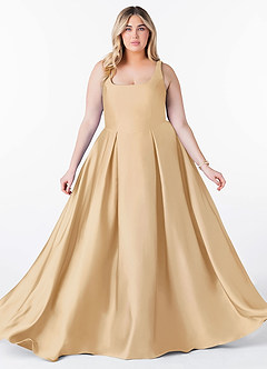 Azazie Neve Vestidos de damas de honor Vestido de Oro de Satén Elástico de Corte Princesa con Con bolsillos image10