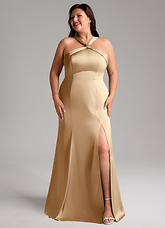 Azazie Rue Bridesmaid Dresses Champagne A-Line Pleated Stretch Satin Dress image10