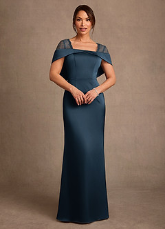 Azazie Henrieta Venta final Vestido de Azul Marino Oscuro de Satén Elástico de Corte Recto con Encaje image1