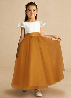 Azazie Pookie Flower Girl Dresses Butterscotch A-Line Lace Tulle Dress image4