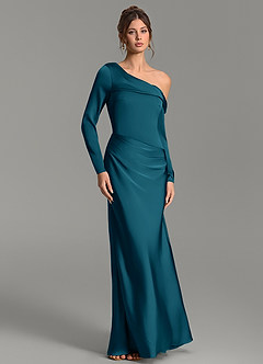 Azazie Sandra Bridesmaid Dresses Ink Blue Mermaid Long Sleeve Stretch Satin Dress image5