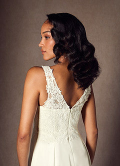 Azazie Florine Wedding Dresses Cream Pant Styles V-Neck Lace Chiffon Dress image4