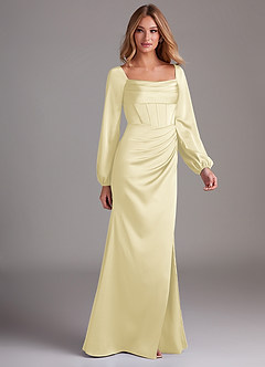 Azazie Charissa Bridesmaid Dresses Lemon Sorbet Sheath Long Sleeve Stretch Satin Dress image6