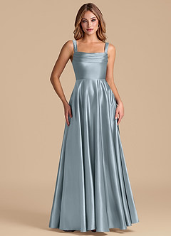 Azazie Shaude 신부 들러리 드레스 A라인 주름진 메탈릭 새틴 바닥 길이 드레스 image5