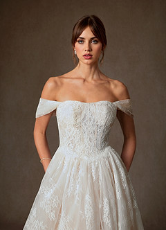 Azazie Justice Wedding Dresses Diamond White Champagne Ball-Gown Off the Shoulder Lace Dress image5