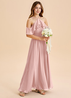 Azazie Tessabelle Junior Powder Pink A-Line Off the Shoulder Chiffon Dress image1