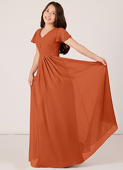 Azazie Peony Junior Burnt Orange A-Line Pleated Chiffon Dress image4