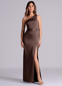 Azazie Philana Final Sale Ganache A-Line One Shoulder Stretch Satin Dress image16