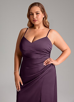 Azazie Azuree Bridesmaid Dresses Plum A-Line Pleated Stretch Satin Dress image6