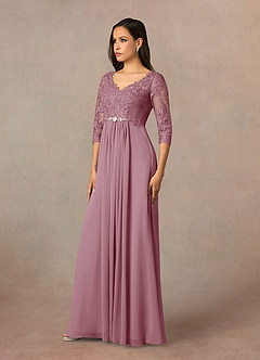 Azazie Hayek Mother of the Bride Dresses Vintage Mauve A-Line V-Neck Lace Chiffon Dress image2