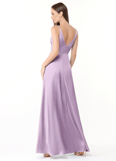 Azazie Dalilah Bridesmaid Dresses Frosted Lilac A-Line V-Neck Pleated Stretch Satin Dress image2