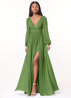 Azazie Norah Bridesmaid Dresses Basil A-Line V-Neck Long Sleeve Chiffon Dress image1