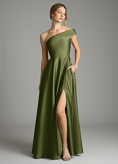 Azazie Melanie Bridesmaid Dresses Olive A-Line Off the Shoulder Stretch Satin Dress image1