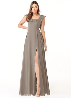 Azazie Jinny Bridesmaid Dresses Taupe A-Line Square Neckline Ruched Chiffon Dress image1