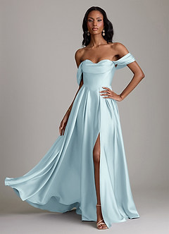 Azazie Loisa Abiti da Damigella Abito A-Line in Raso Elasticizzato a Spalla Scoperta Nuvola Blu image1