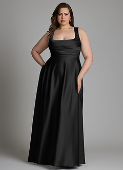 Azazie Azaria Vestidos para Prova em Casa Vestido Preto de Cetim elástico de Linha A com Corpete image7