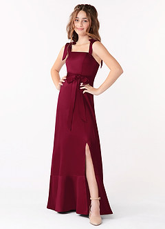 Azazie Barbara Junior Burgundy A-Line Bow Stretch Satin Dress image1
