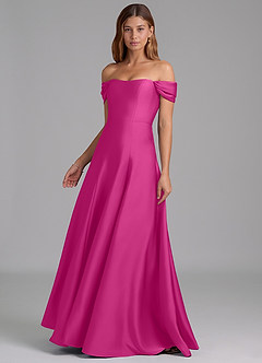 Azazie Seriana Bridesmaid Dresses Fuchsia A-Line Off the Shoulder Stretch Satin Convertible Dress image3