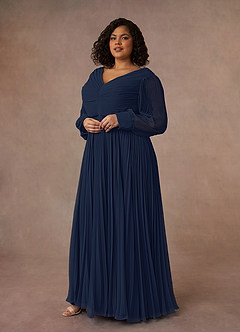 Azazie Zina Mère de la mariée Robes Robe Trapèze en Mousseline de soie Plissée Bleu Marine Foncé image9