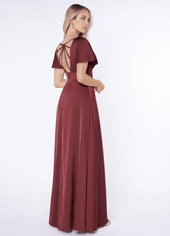 Azazie Lani Jurken voor bruidsmeisjes Jurk van Stretch Satijn met A-Lijn Flounce mouwen Merlot image5