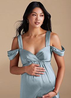 Azazie Rhea Maternity Bridesmaid Dresses A-Line Pleated Metallic Satin Floor-Length Dress image3