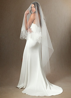 front Embroidered Floral Lace Hem Chapel Length Draped Blusher Veil