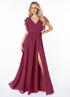 Azazie Zella Brautjungfernkleider A-Linie Spitze Chiffon Kleid Maulbeerrot image1