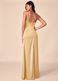 Azazie Aqua Bridesmaid Dresses Gold A-Line V-Neck Pleated Stretch Satin Dress image2
