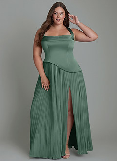 Azazie Stephanie Vestidos de damas de honor Vestido Eucalipto de Satén Elástico de Línea A con Plisado image7