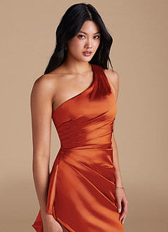 Azazie Latrice Bridesmaid Dresses Paprika Sheath One Shoulder Metallic Satin Dress image3