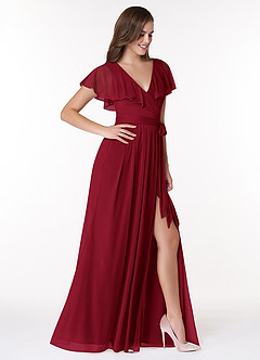 Azazie Jael Bridesmaid Dresses Burgundy A-Line V-Neck Mesh Dress image4
