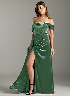 Azazie Amyra Bridesmaid Dresses Eucalyptus Sheath Off the Shoulder Velvet Convertible Dress image6