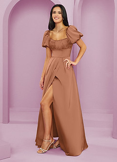 Barbie ♥ Azazie Final Sale Bronzer A-Line Ruched Stretch Satin Dress image3
