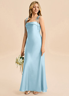 Azazie Willa Junior Vestido de Azul Cielo de Satén Elástico de Corte en A con Lazo image5