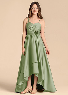 Azazie Catalina Junior Abito A-Line in Raso Elasticizzato Scollo a Cuore Verde Salvia image1