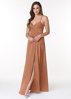 Azazie Raya Vestidos de damas de honor Vestido de Bronceador de Satén Elástico de Corte en A con Cuello en V Plisado image3