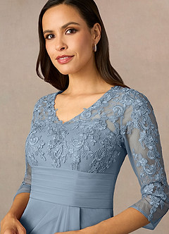 Azazie Poe Mother of the Bride Dresses Dusty Blue Sheath Lace Dress image3