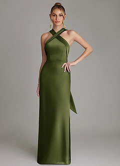 Azazie June Bridesmaid Dresses Olive Sheath Stretch Satin Dress image1