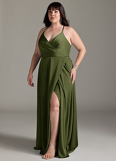 Azazie Davis Robes de demoiselle d'honneur Robe Trapèze en Satin extensible Plissée Olive image10